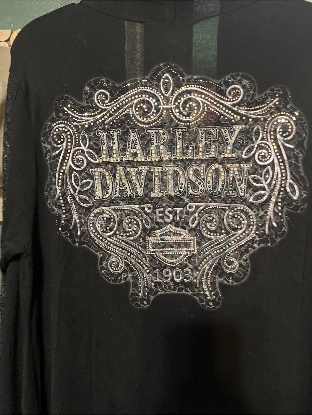 Black Harley Davidson Draped Open Front Cardigan with Rhinestone Accent